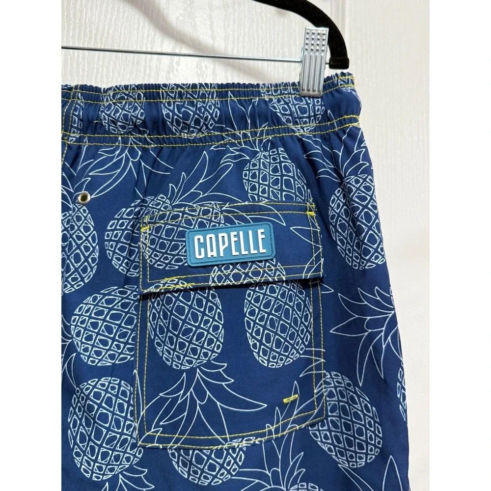 Capelle Hybrid Swim Trunks Mens M Blue Pineapple‎ Print Yellow Drawstring lined